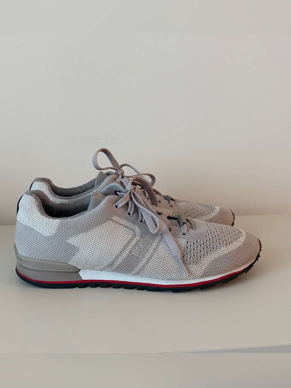 Hugo Boss Men's Grey Knit Lace-Up Sneakers with Red Accent